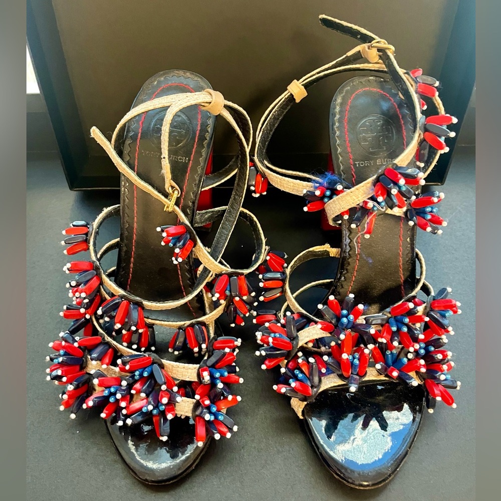 Tory Burch Ambrosia beaded sandal (red white blue perfect for 4th of July!)